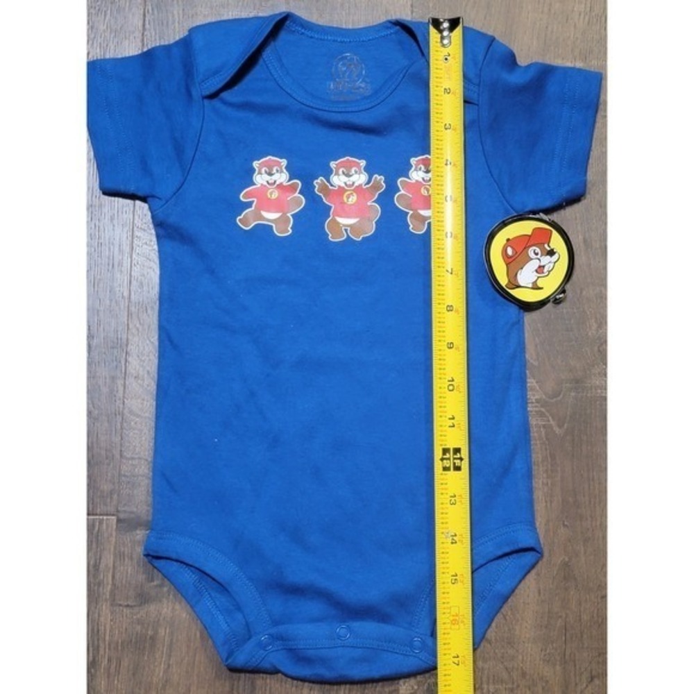 Buc-ee's Baby Bodysuit 12 Months Blue Short Sleeve & 12 Inch Plush Beaver Set